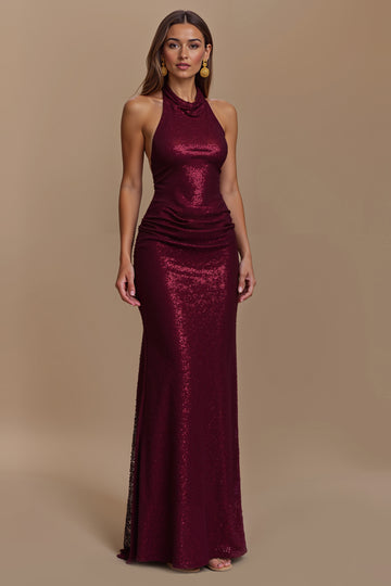 Sheath Burgundy Sequin Halter Long Holiday Dress
